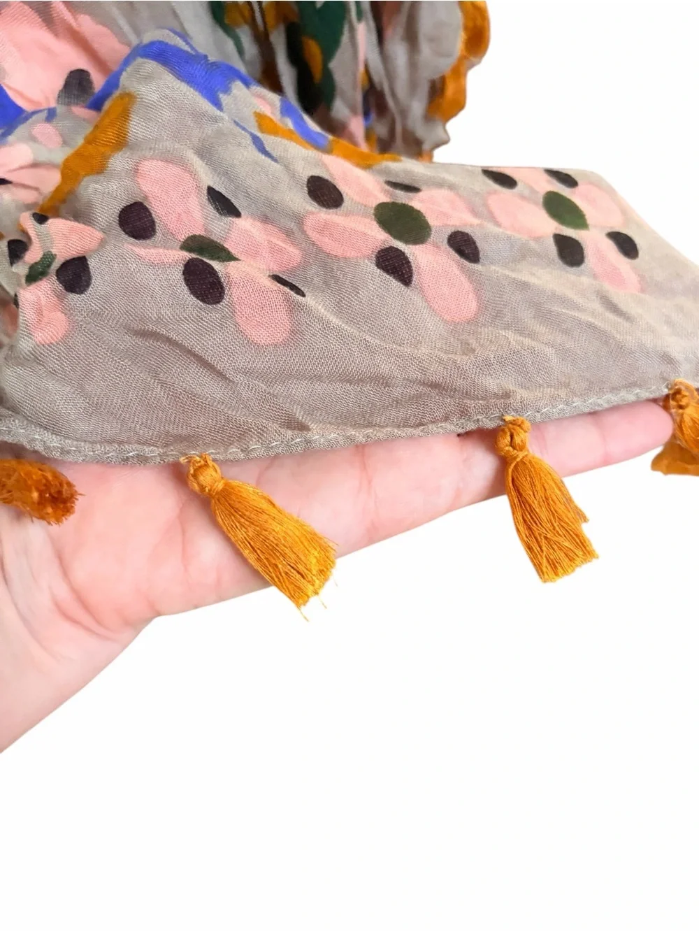 NATURAL LIFE Taupe Floral Open-Front Shawl with Orange Tassels